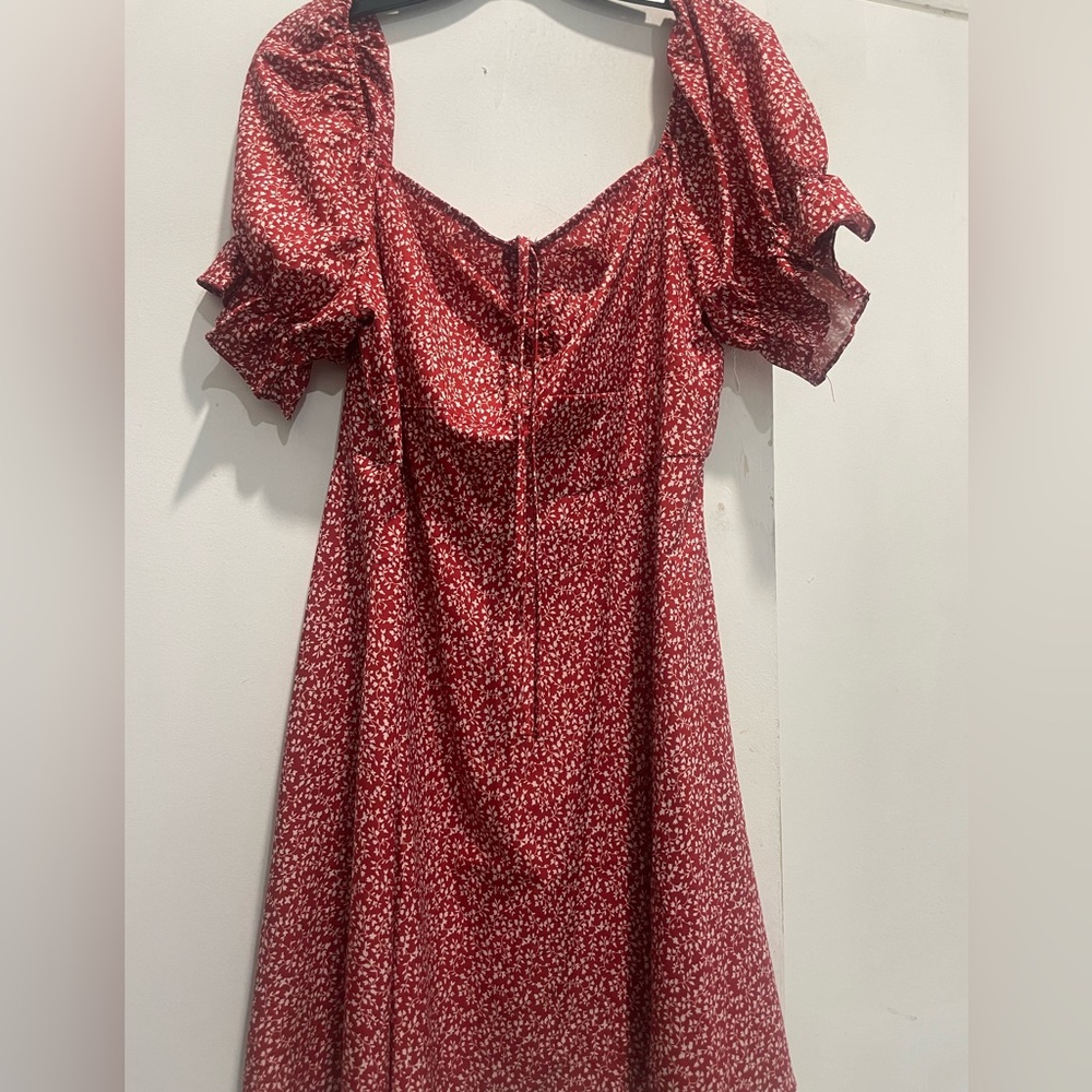 SHEIN red /white floral plus puff sleeve drawstring print dress